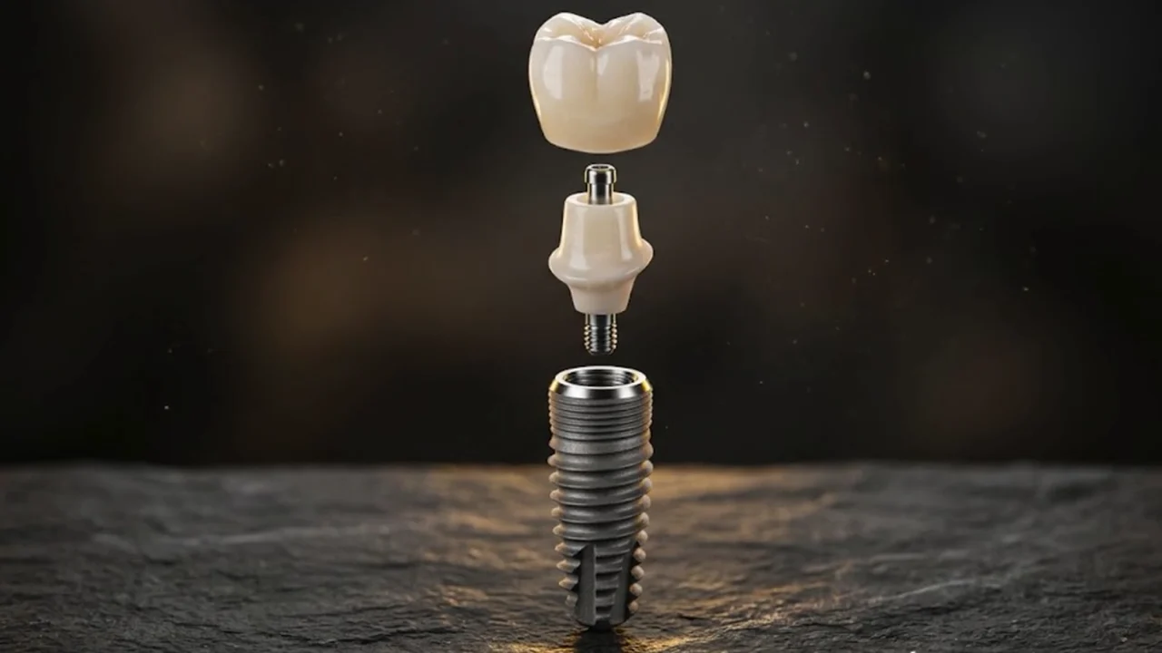 Titanyum implant vidası, kişiye özel zirkonyum dayanak (abutment) ve tam seramik kronun katmanlı protetik yapısı